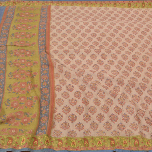 Sanskriti Vintage Heavy Cream Sari 100% Pure Silk Sustainable Fabric Printed 5 Yard Sarees