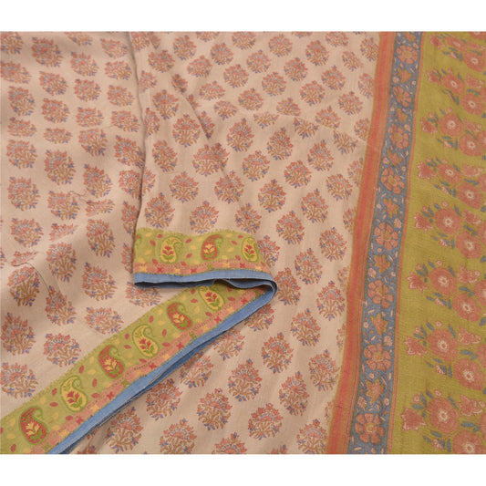 Sanskriti Vintage Heavy Cream Sari 100% Pure Silk Sustainable Fabric Printed 5 Yard Sarees