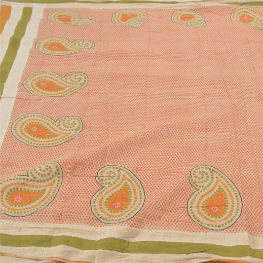 Sanskriti Vintage Heavy Cream Indian Sari Pure Handloom Silk Sustainable Fabric Printed Sarees