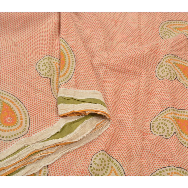 Sanskriti Vintage Heavy Cream Indian Sari Pure Handloom Silk Sustainable Fabric Printed Sarees