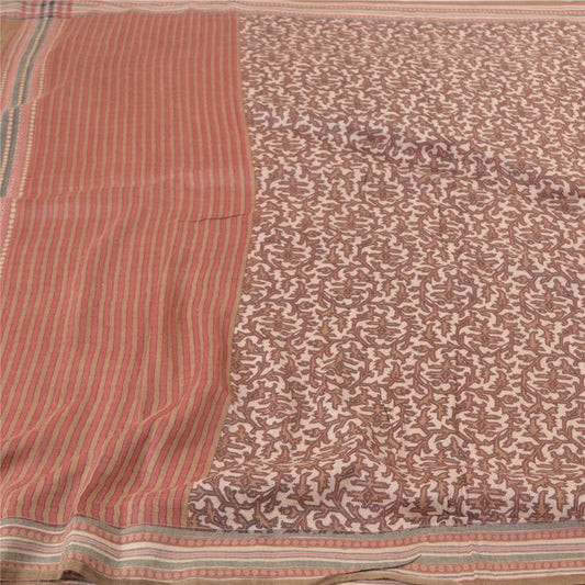 Sanskriti Vintage Heavy Cream Sari 100% Pure Woolen Soft Sustainable Fabric Printed Sarees