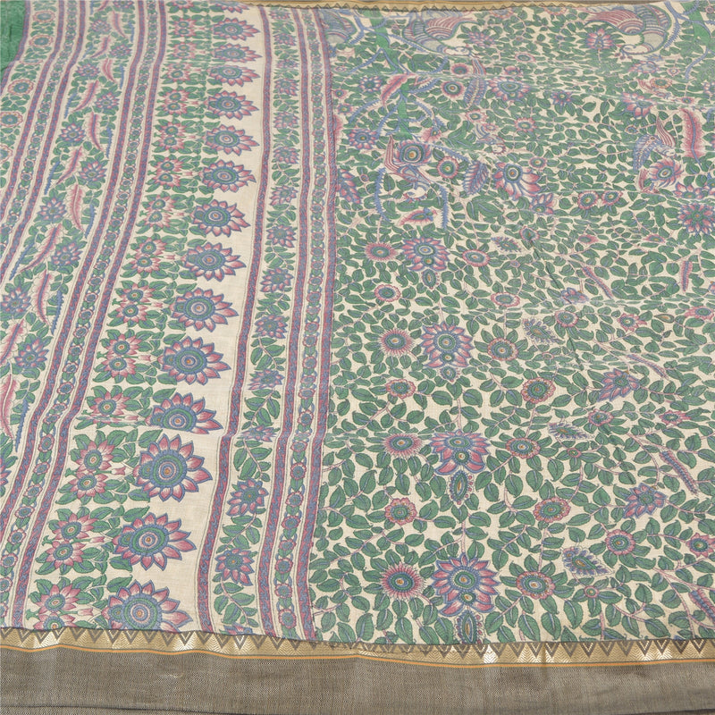 Sanskriti Vintage Heavy Indian Sari Pure Woolen Ivory Sustainable Fabric Printed Sarees