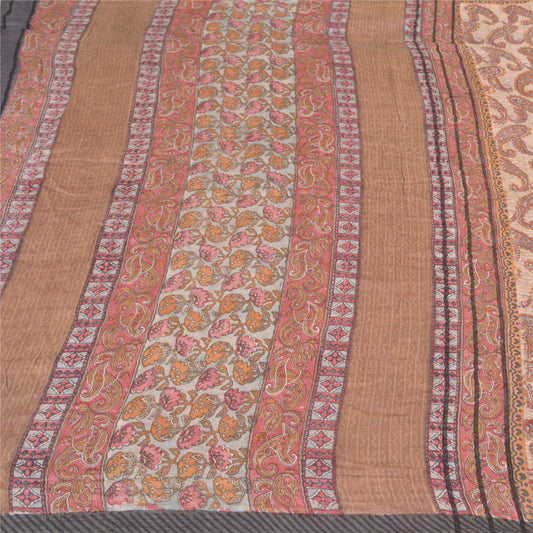 Sanskriti Vintage Sari 100% Pure Woolen Indian Sarees Cream Printed Soft 5yd Craft Fabric