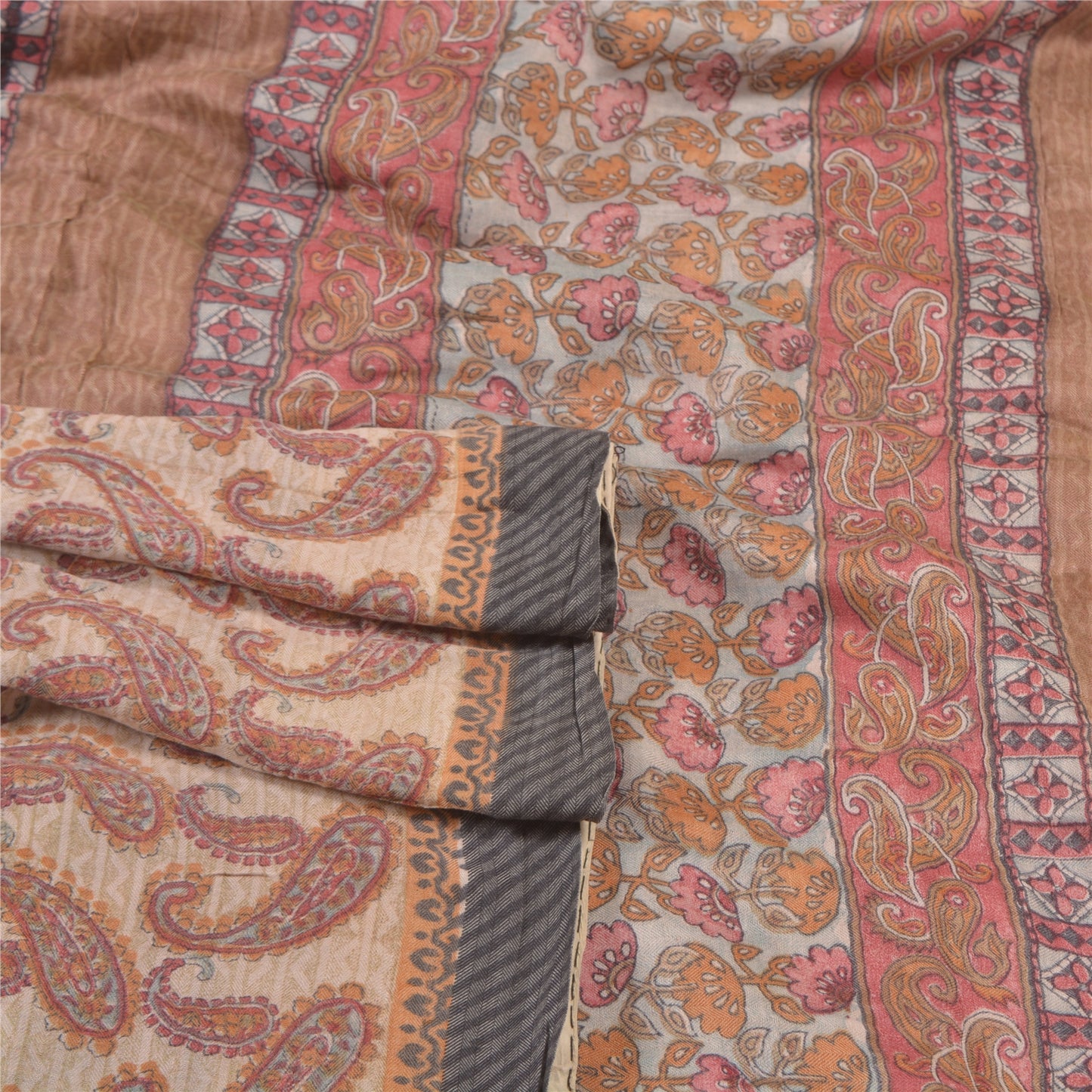 Sanskriti Vintage Sari 100% Pure Woolen Indian Sarees Cream Printed Soft 5yd Craft Fabric