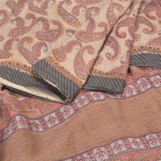 Sanskriti Vintage Sari 100% Pure Woolen Indian Sarees Cream Printed Soft 5yd Craft Fabric