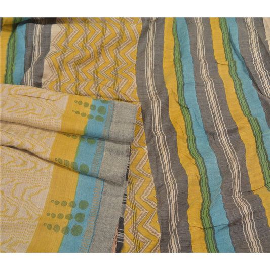 Sanskriti Vintage Heavy Ivory Sari 100% Pure Woolen Sustainable Fabric Printed Soft Sarees