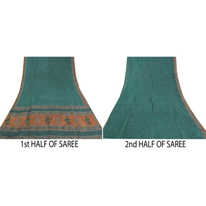 Sanskriti Vintage Heavy Green Sarees Pure Tussar Silk Printed Sari 5 Yard Sustainable Fabric