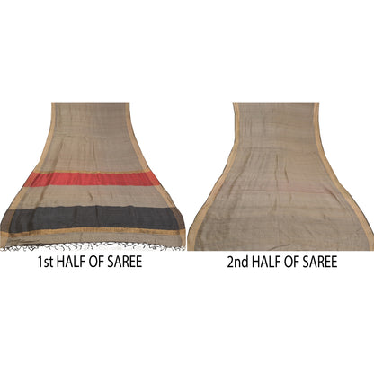 Sanskriti Vintage Heavy Grey Sarees Pure Tussar Silk Woven Sari 5 Yard Sustainable Fabric