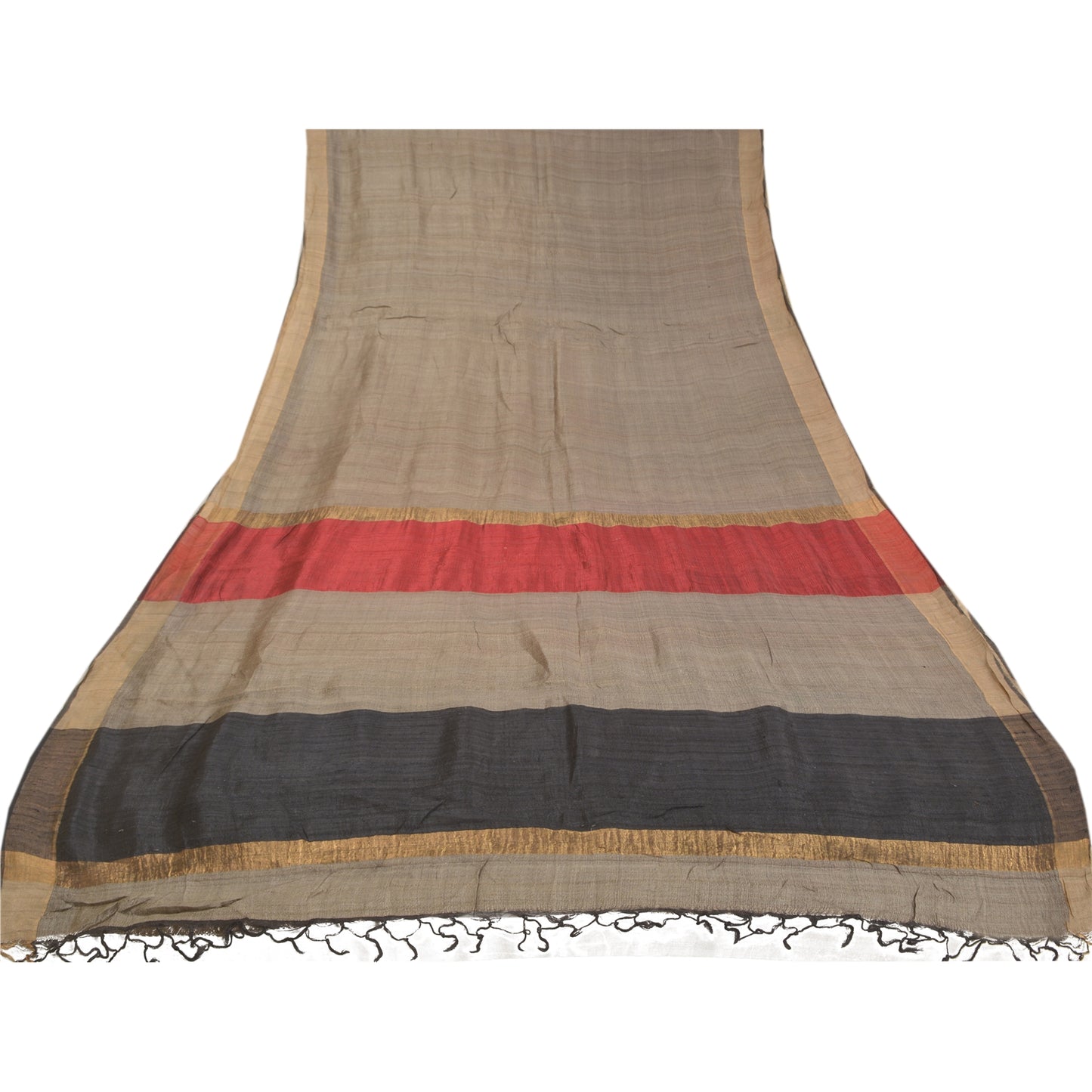 Sanskriti Vintage Heavy Grey Sarees Pure Tussar Silk Woven Sari 5 Yard Sustainable Fabric