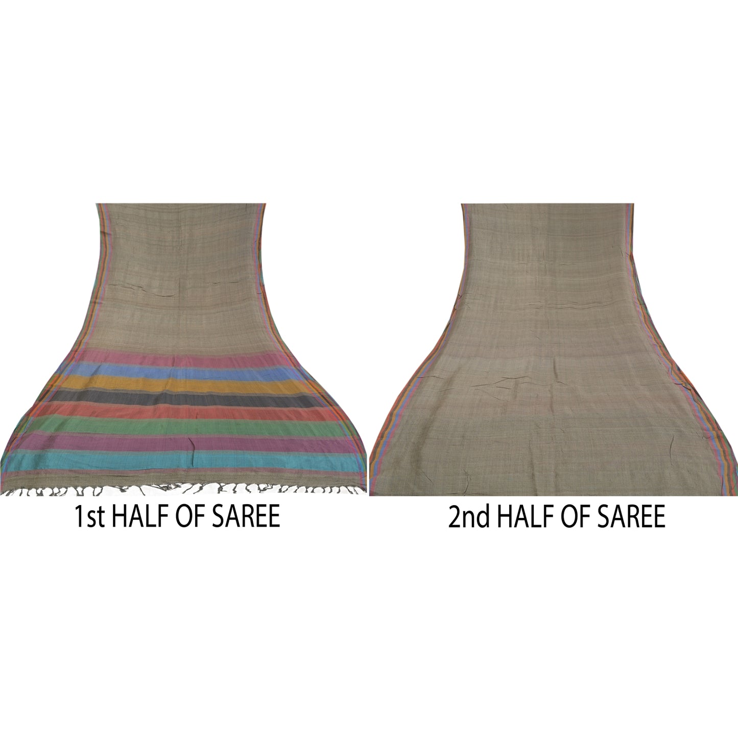 Sanskriti Vintage Heavy Grey Sarees Pure Tussar Silk Woven Sari 5 Yard Sustainable Fabric