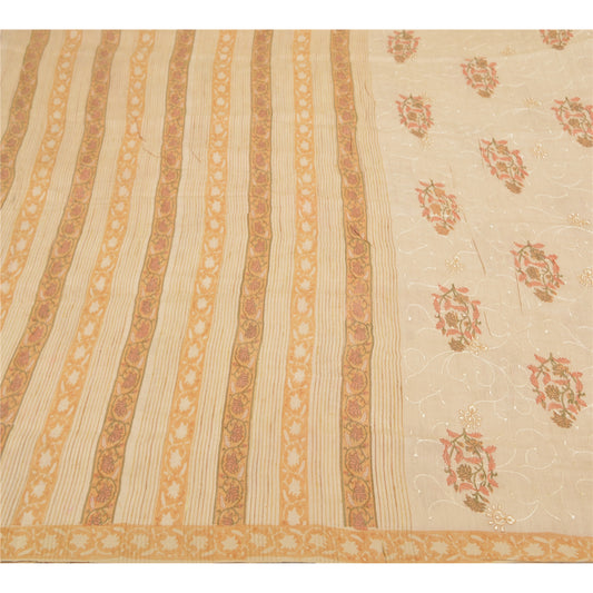 Sanskriti Vintage Elfenbensfarvede Tunge Sarier 100% Ren Uld Bæredygtigt Stof Trykt 5 Yard Sari