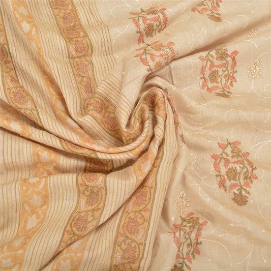 Sanskriti Vintage Elfenbensfarvede Tunge Sarier 100% Ren Uld Bæredygtigt Stof Trykt 5 Yard Sari