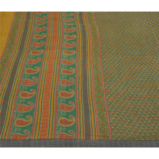 Sanskriti Vintage Heavy Green Sari 100% Ren Uld Bæredygtigt Stoff Trykte Bløde Sarier