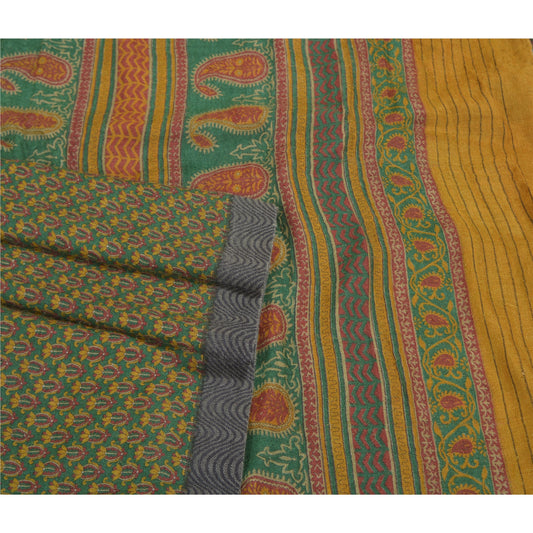 Sanskriti Vintage Heavy Green Sari 100% Ren Uld Bæredygtigt Stoff Trykte Bløde Sarier