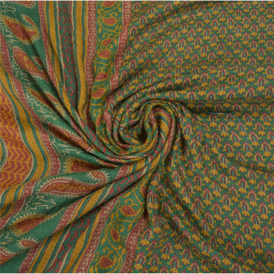 Sanskriti Vintage Heavy Green Sari 100% Pure Woolen Sustainable Fabric Printed Soft Sarees