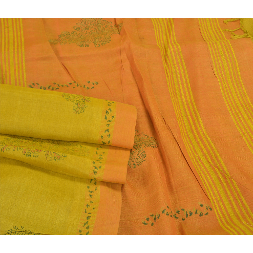 Sanskriti Vintage Sari 100% Pure Woolen Yellow Sarees Hand-Block Printed 6yd Craft Fabric