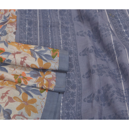 Sanskriti Vintage Sari 100% Pure Woolen White Sarees Printed Fabric 5yd Craft Fabric