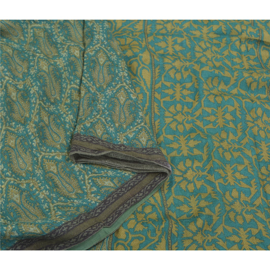 Sanskriti Vintage Grønne Tunge Sarier 100% Ren Uld Bæredygtigt Stoff Trykt Sari