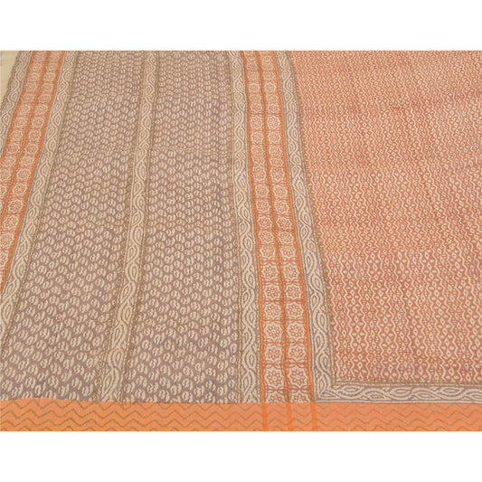 Sanskriti Vintage ferskenfarvede tunge sarier i 100% ren uld med bæredygtigt stof og tryk