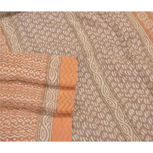 Sanskriti Vintage Sari 100% Pure Woolen Peach Printed Indian Sarees 5yd Craft Fabric