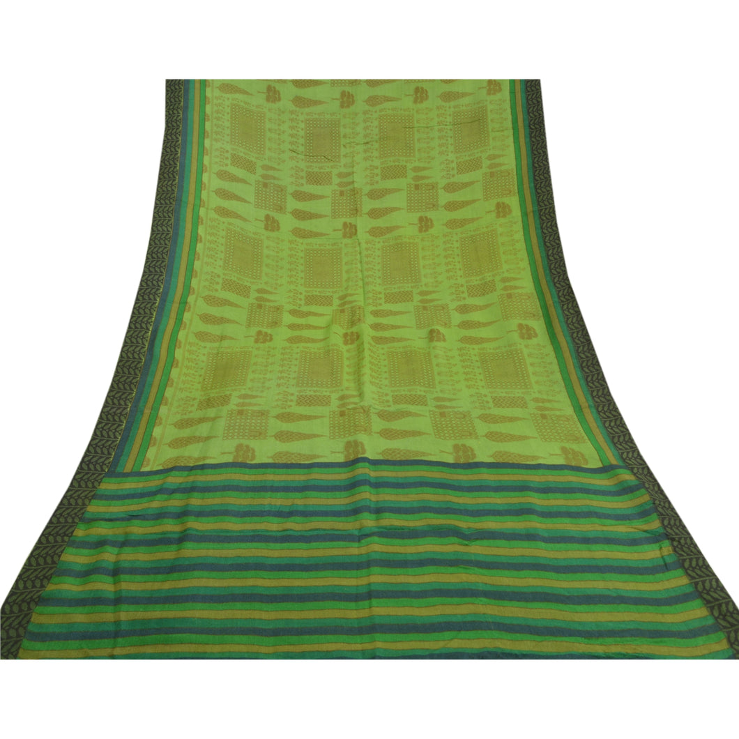 Sanskriti Vintage Green Heavy Indian Sari 100% Pure Woolen Fabric Printed Sarees