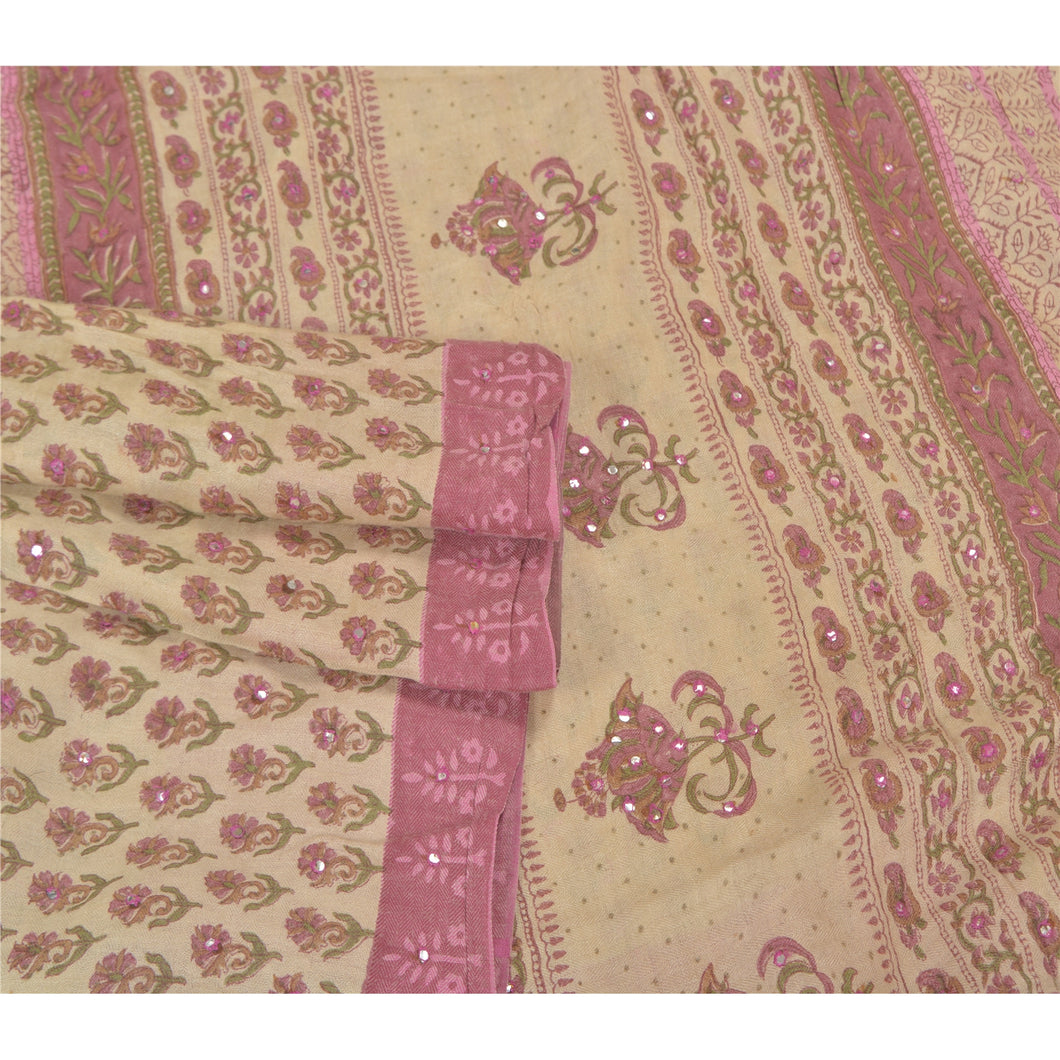 Sanskriti Vintage Ivory Heavy Indian Sari Pure Woolen Fabric Printed Sarees