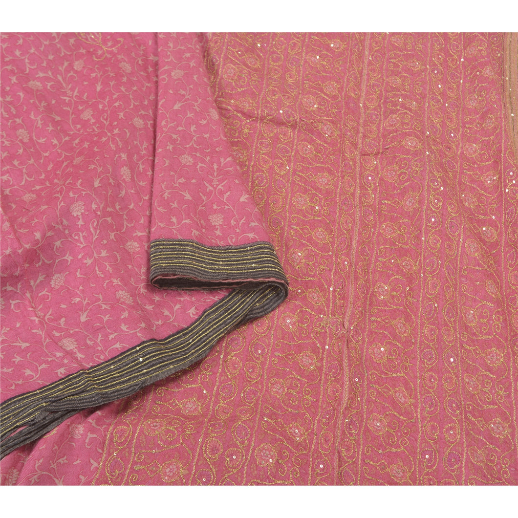 Sanskriti Vintage Pink Heavy Sari Pure Woolen Hand Beaded Fabric Printed Sarees