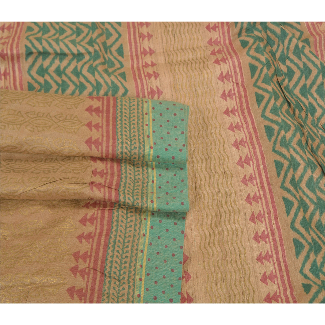 Sanskriti Vintage Heavy Beige Sari 100% Pure Woolen Fabric Printed 5 Yard Sarees