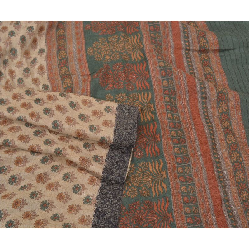 Sanskriti Vintage Heavy Sarees 100% Pure Woolen Ivory Sustainable Fabric Printed Woven Sari