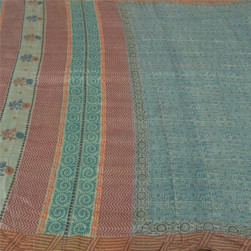 Sanskriti Vintage Heavy Sarees Pure Woolen Blue Sustainable Fabric Block Printed Woven Sari