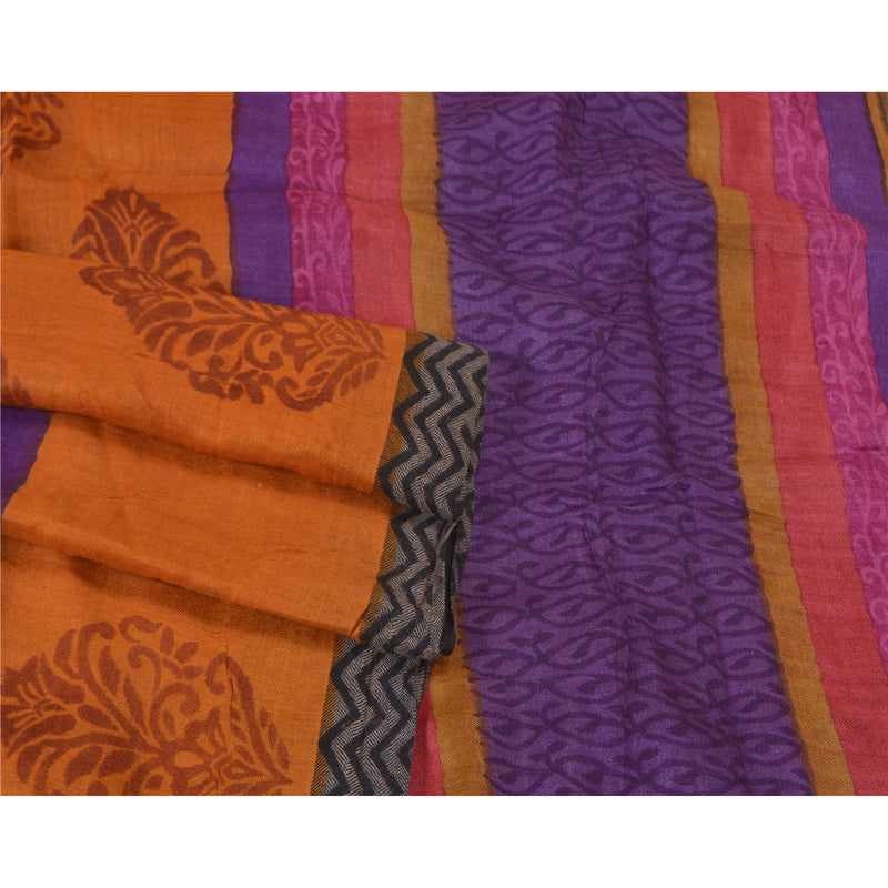 Sanskriti Vintage Heavy Purple Sarier i Rent Uld og Bæredygtigt Stof med Bloktryk
