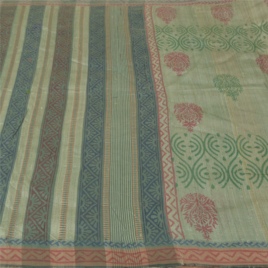 Sanskriti Vintage Heavy Green Saree Pure Handloom Silk Sustainable Fabric Block Printed Sari