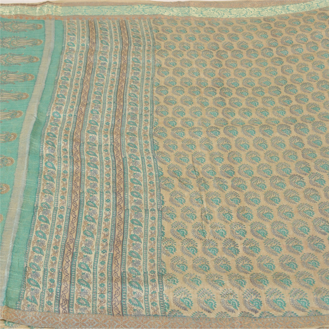 Sanskriti Vintage Sarees Green Heavy Pure Tussar Sari Block Print Craft Fabric