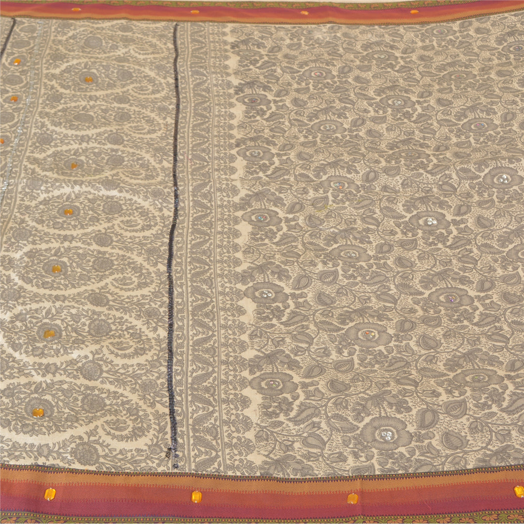 Sanskriti Vintage Sarees Gray Hand Beaded Heavy Pure Woolen Fabric Printed Sari