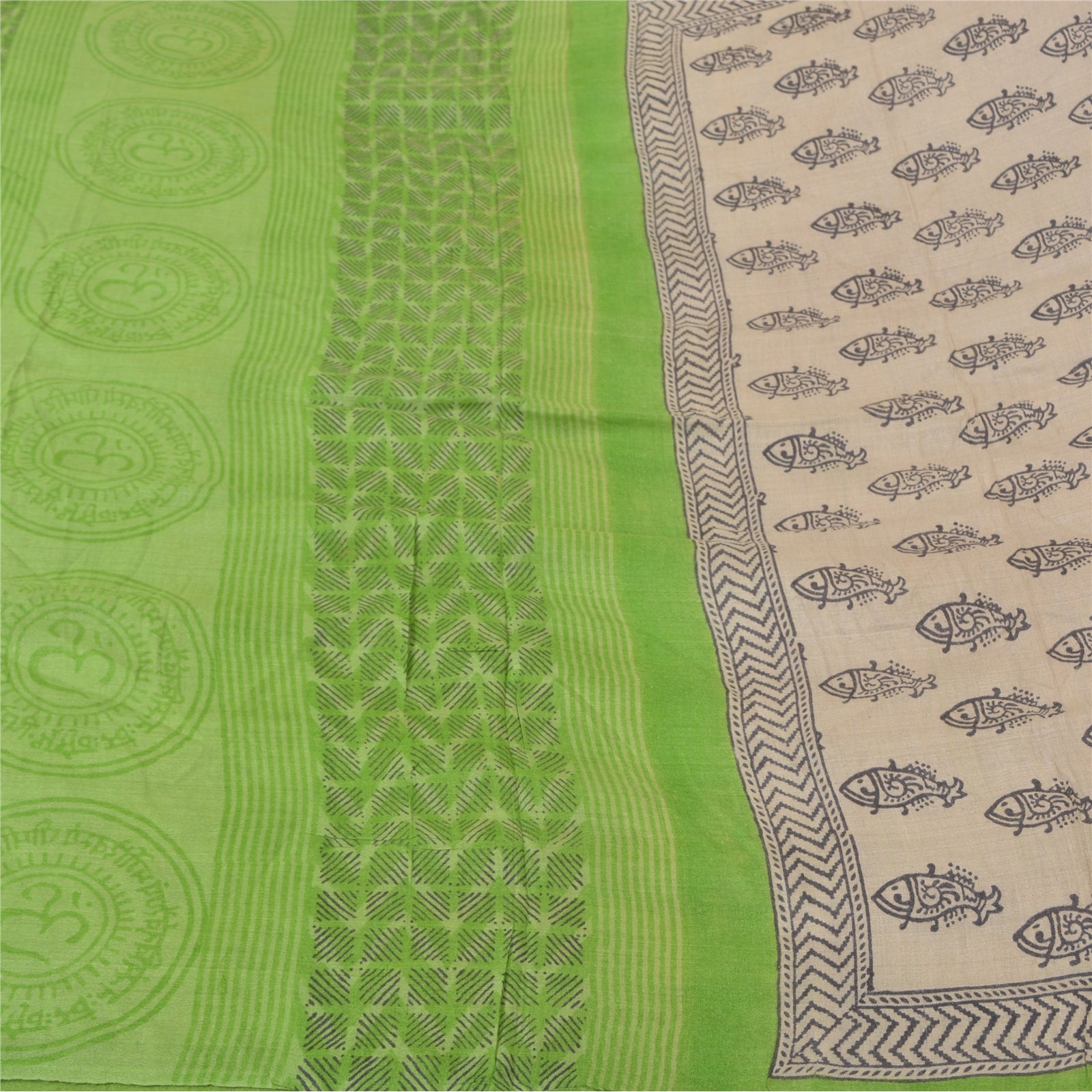 Sanskriti Vintage Sarees Cream Hand Block Print Heavy Sari Pure Woolen Sustainable Fabric