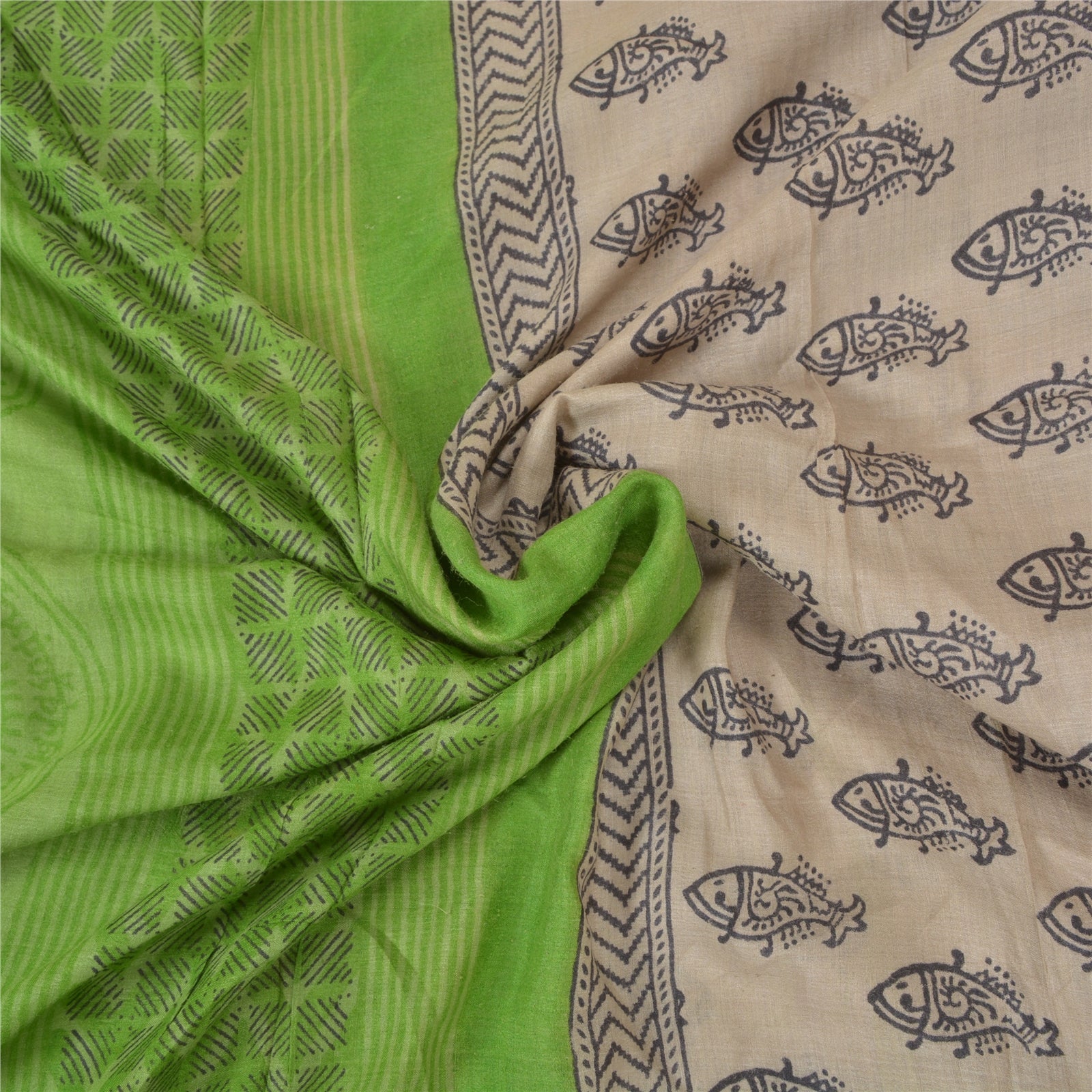 Sanskriti Vintage Sarees Cream Hand Block Print Heavy Sari Pure Woolen Sustainable Fabric