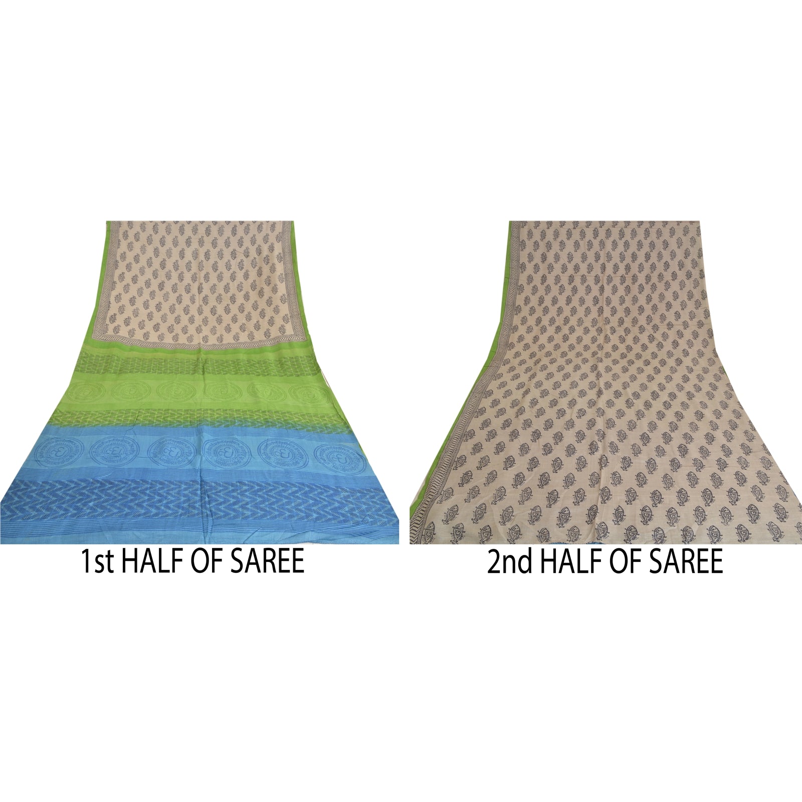 Sanskriti Vintage Sarees Cream Hand Block Print Heavy Sari Pure Woolen Sustainable Fabric