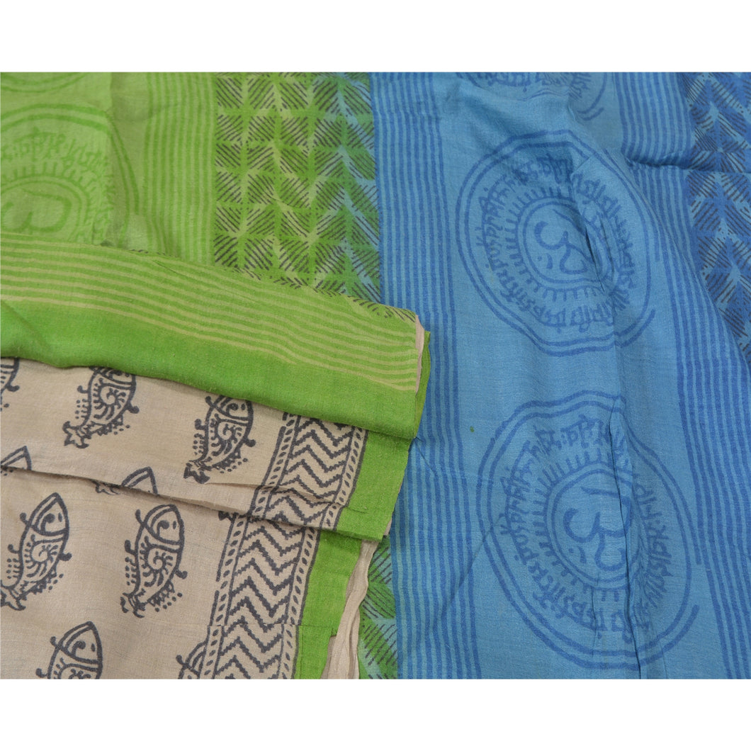 Sanskriti Vintage Sarees Cream Hand Block Print Heavy Sari Pure Woolen Fabric