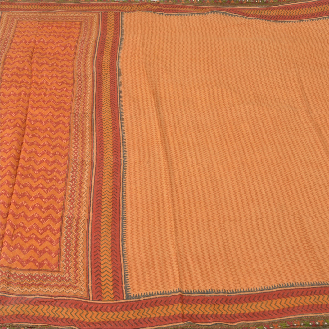 Sanskriti Vintage Sarees Peach Printed Heavy Sari Pure Woolen Soft Craft Fabric