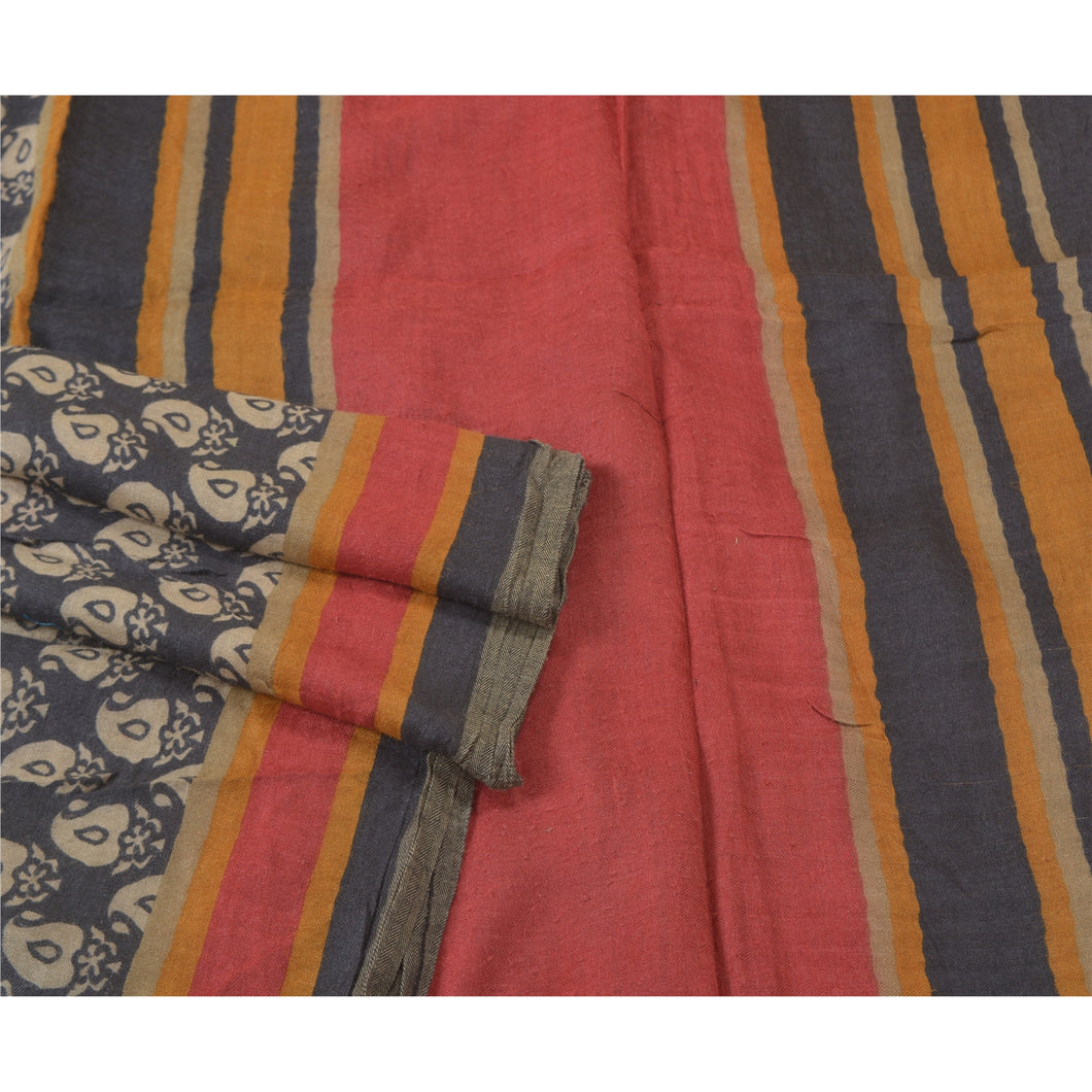 Sanskriti Vintage Sarees Black Printed Heavy Sari Pure Woolen Soft Craft Fabric