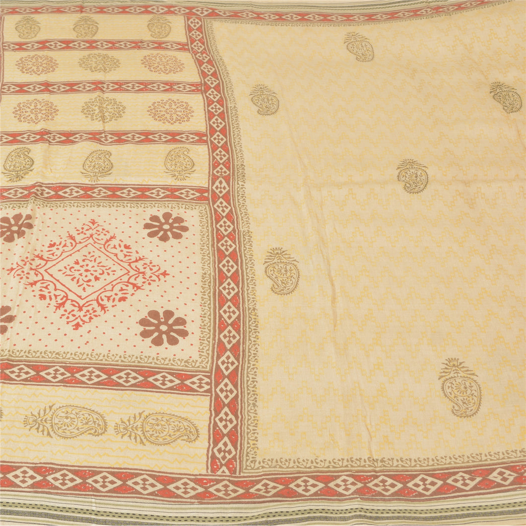 Sanskriti Vintage Ivory Heavy Sarees 100% Pure Woolen Fabric Block Printed Sari