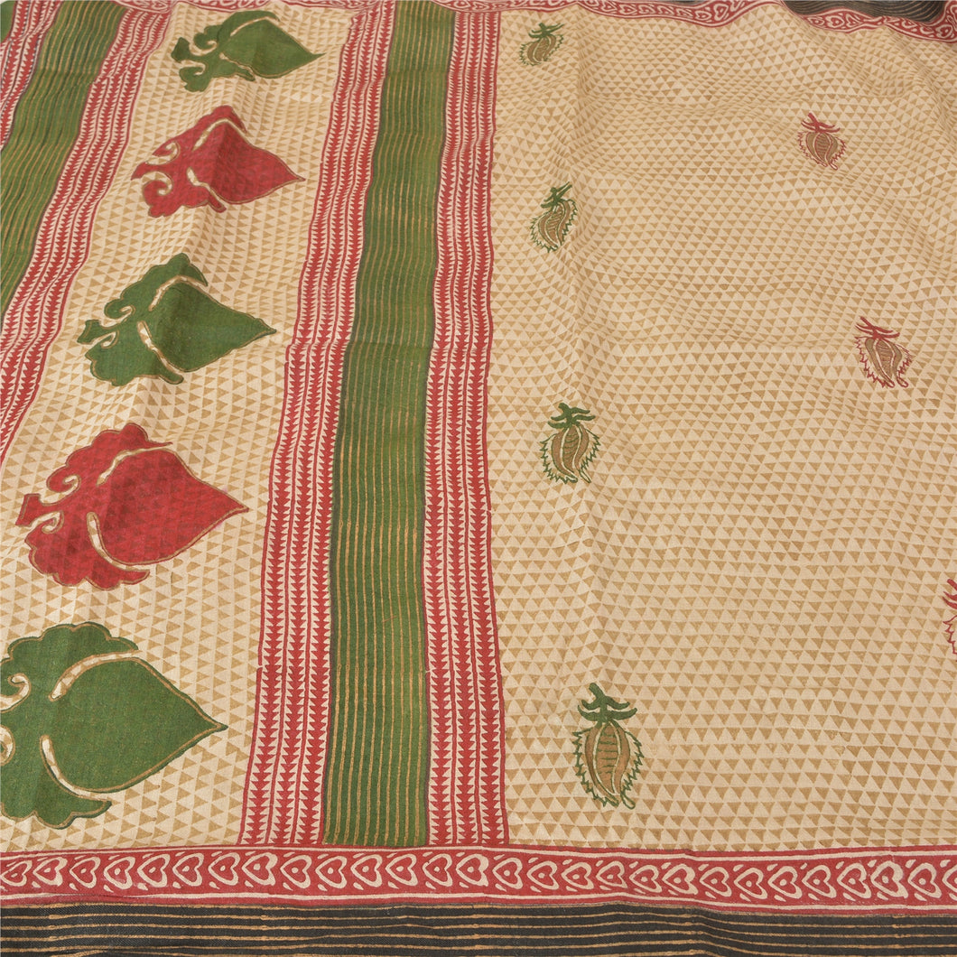 Sanskriti Vintage Ivory Heavy Indian Sarees Woolen Fabric Printed 5 Yard Sari