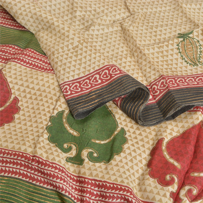 Sanskriti Vintage Ivory Heavy Indian Sarees Woolen Sustainable Fabric Printed 5 Yard Sari
