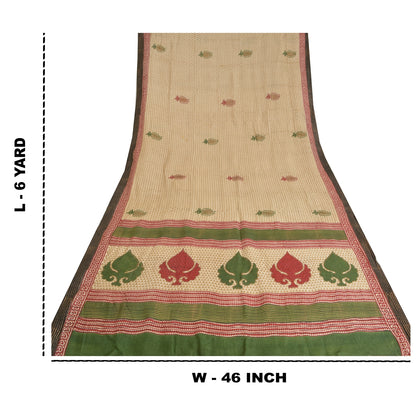 Sanskriti Vintage Ivory Heavy Indian Sarees Woolen Sustainable Fabric Printed 5 Yard Sari