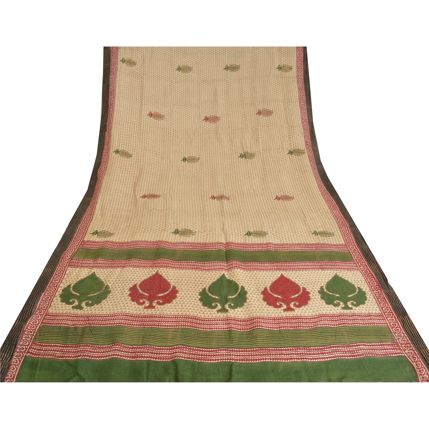 Sanskriti Vintage Ivory Heavy Indian Sarees Woolen Sustainable Fabric Printed 5 Yard Sari