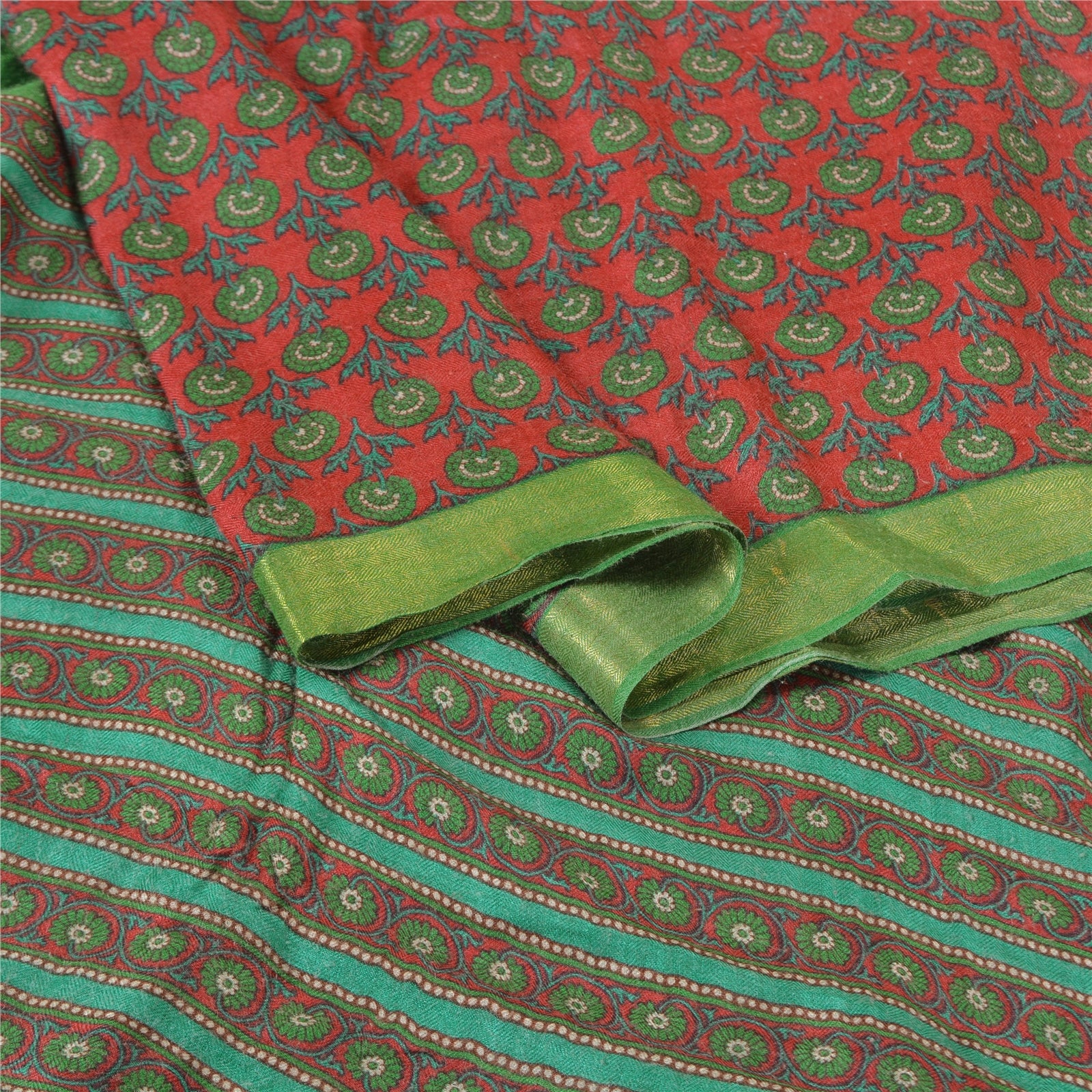 Sanskriti Vintage Green Heavy Sarees 100% Pure Woolen Sustainable Fabric Printed Soft Sari