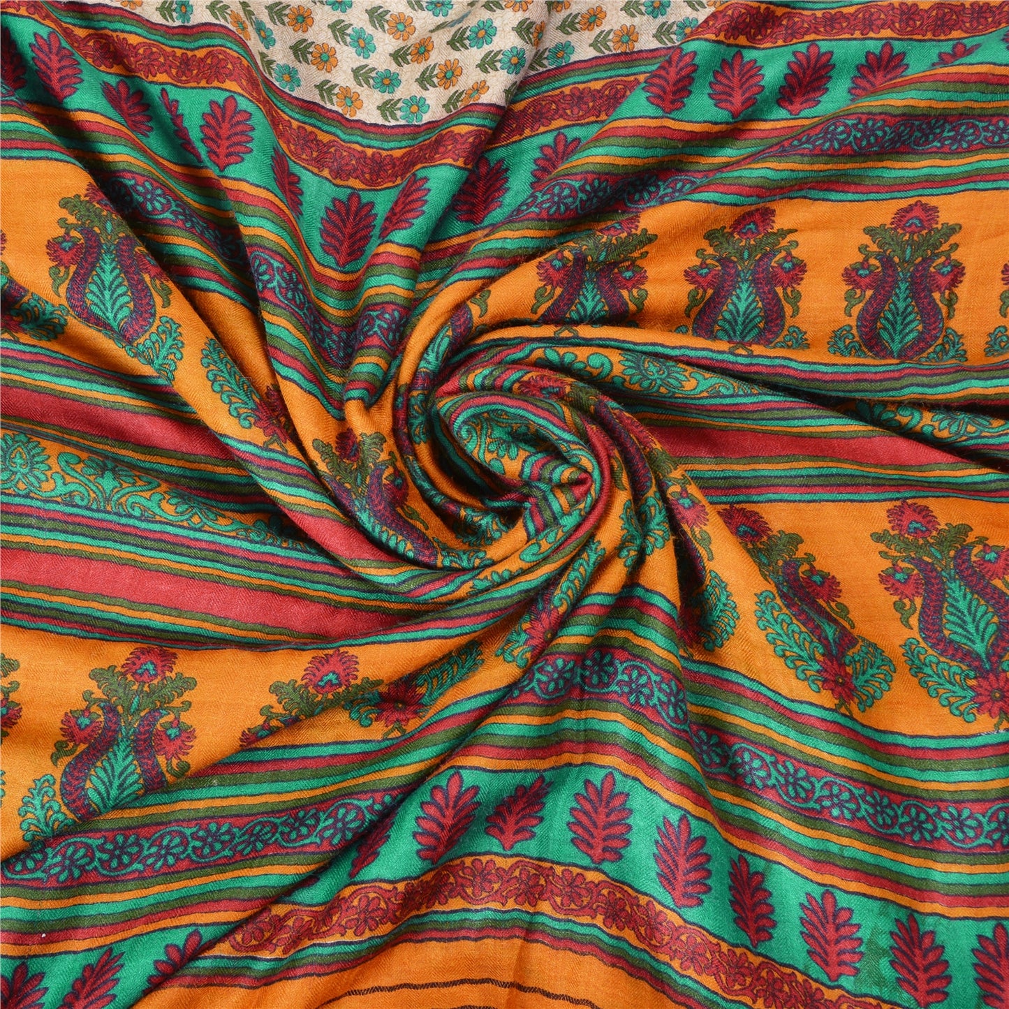 Sanskriti Vintage Orange/Ivory Sarees Pure Woolen Printed & Woven Sari /Sustainable Fabric