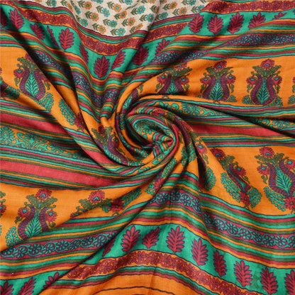 Sanskriti Vintage Orange/Ivory Sarees Pure Woolen Printed & Woven Sari /Sustainable Fabric