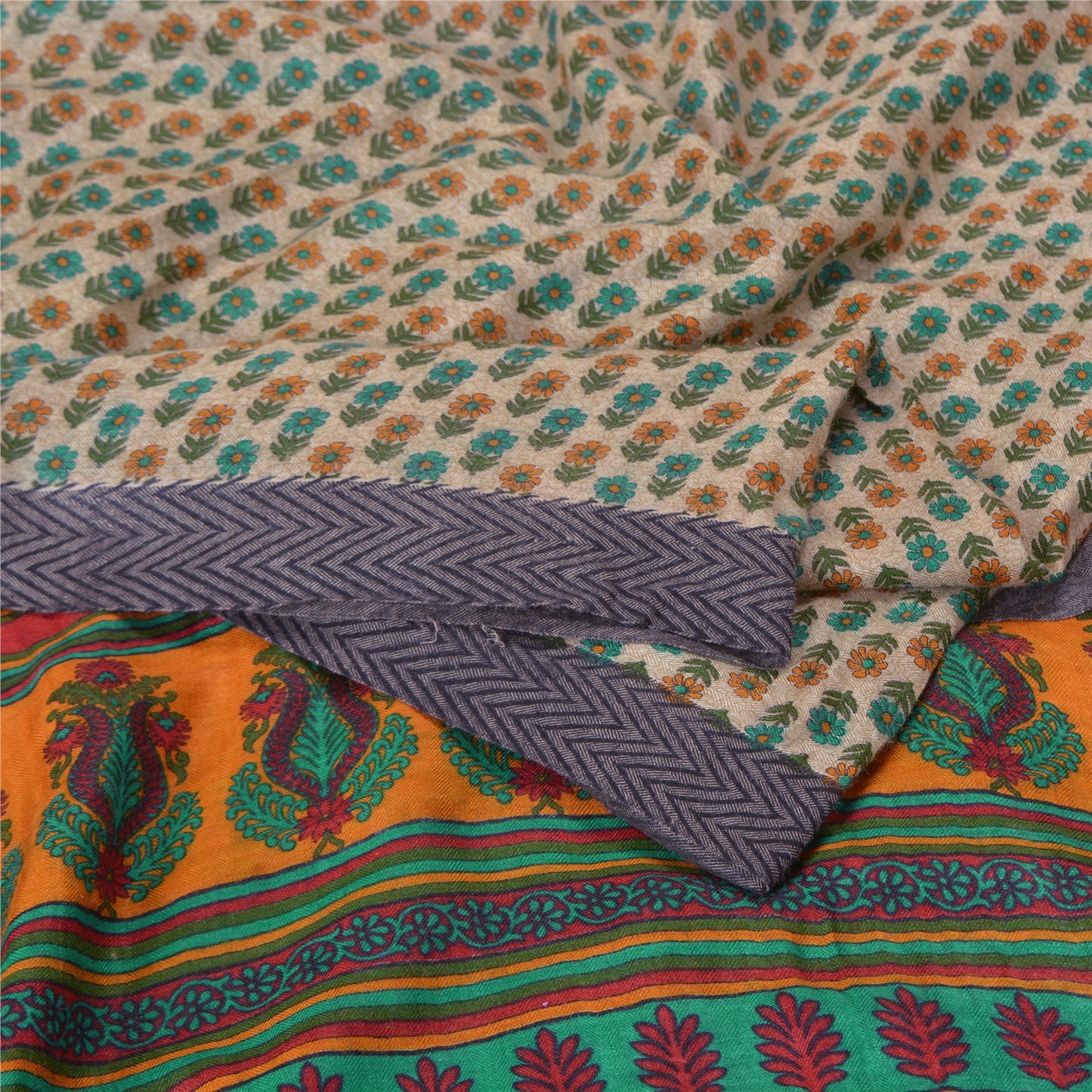 Sanskriti Vintage Orange/Ivory Sarees Pure Woolen Printed & Woven Sari /Sustainable Fabric