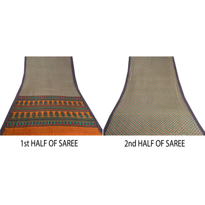 Sanskriti Vintage Orange/Ivory Sarees Pure Woolen Printed & Woven Sari /Sustainable Fabric